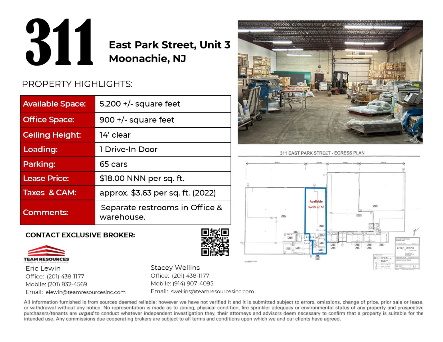 FOR LEASE +/ 5,200 SQ. FT. AT 311 EAST PARK STREET IN MOONACHIE, NJ